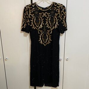 VINTAGE Mark & John by Sam Silk Black and Gold Sequin Glam Beaded Dress Size 4
